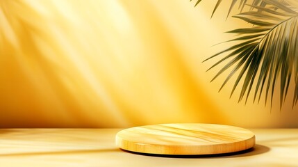 Wall Mural - A warm, golden backdrop featuring a circular wooden platform with tropical palm leaves casting shadows