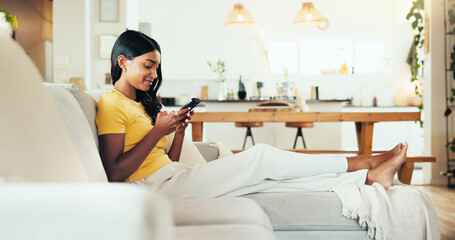 Aufkleber - Relax, phone and reading with woman on sofa for social media post, streaming and network platform. Chat, notification and mobile app with person in living room of home for comment and story update