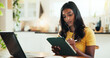 © HockleyM3/peopleimages.com - House, student and woman with laptop, tablet and typing with education, internet and prepare for test. Person, apartment and girl with tech, connection and studying for exams and research for project