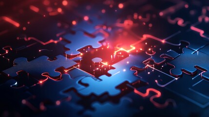 Interlocking digital puzzle pieces glowing against a high-tech abstract background, symbolizing the concept of API integration and connectivity