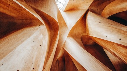 Wall Mural - Warm light illuminates swirling wooden curves creating abstract architectural texture. AI Generated