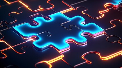 A glowing puzzle with pieces being assembled, each piece representing a key business element--marketing, customer service, product quality, communication.
