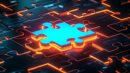A glowing puzzle with pieces being assembled, each piece representing a key business element--marketing, customer service, product quality, communication.