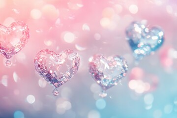 Wall Mural - Floating Crystal Hearts Abstract Background Soft Pink Blue Pastel