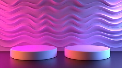 Wall Mural - Neon glow illuminates two smooth cylindrical platforms against a wavy pink and blue wall. AI Generated