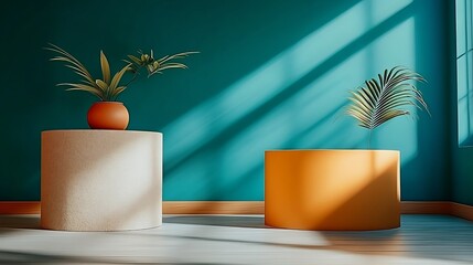 Wall Mural - Warm sunlight illuminates vibrant teal room showcasing cylindrical displays with tropical plants. AI Generated