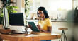 © peopleimages.com - Laptop, music and tablet with Indian woman in home office as graphic designer for marketing campaign. Computer, remote work and technology with freelance employee in apartment for publication
