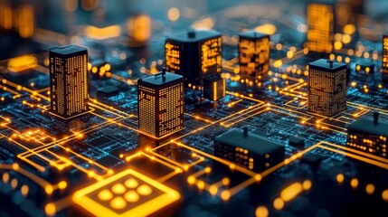 Wall Mural - cyberpunk cityscape: futuristic smart city on a circuit board. digital innovation and global network