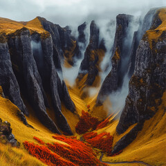 Canvas Print - Stunning Vector Art of Mystical Mountain Range with Fog, Vibrant Red Foliage, and Golden Hills - Perfect for Nature Landscapes and Digital Art Enthusiasts