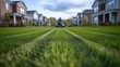 © TranNgoc - A suburban neighborhood with pristine, freshly mowed lawns, a landscaper operating a commercial mower, symmetrical stripes forming in the grass, a row of elegant homes in the background,