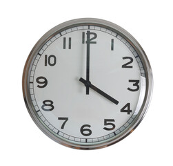 wall hanging analog clock with white face and black number in classic vintage design which clock arm