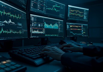 analyzing stock market data multiple computer screens trading and financial analysis