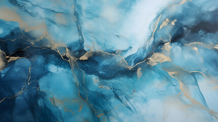 Aufkleber - Elegant blue watercolor background with golden veins and cracked marble texture. Hand painted brush strokes for luxury designs