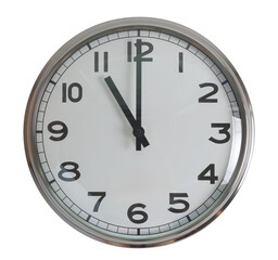 wall hanging analog clock with white face and black number in classic vintage design which clock arm