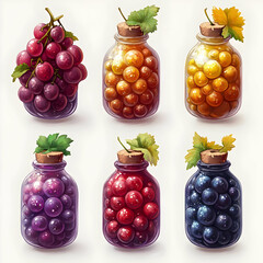 Wall Mural - Magical Jars Filled with Colorful Grape Clusters Illustration