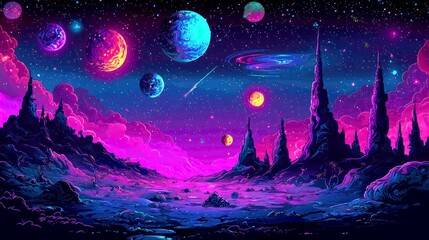 Wall Mural - cosmic landscape: vibrant planets and glowing nebulae in a surreal night sky