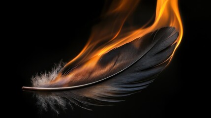 Wall Mural - A feather engulfed in flames, creating a striking contrast of light and texture.