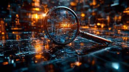 Wall Mural - magnifying glass on futuristic circuit board: a glimpse into the digital age