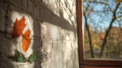 Wall Mural - Autumn Leaves on White Brick Wall with Sunlight and Window View