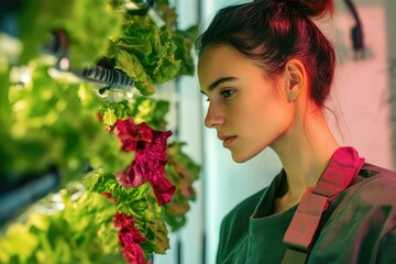 Young woman inspecting vibrant lettuce and red leaf lettuce growing vertically in a hydroponic system.