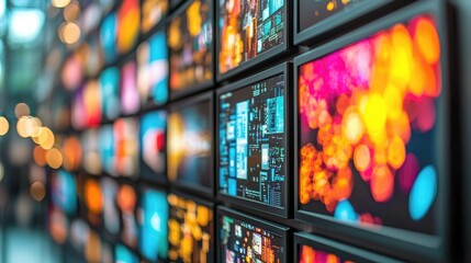 Wall Mural - vibrant digital wall of screens: abstract tech art, colorful displays, and data streams