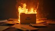 © Evgenii - Flames engulf a top secret folder among scattered documents in a dimly lit room showcasing a dramatic and intense moment of destruction