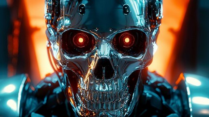 Wall Mural - chrome skull robot: a glowing cyberpunk android in a dark, futuristic setting