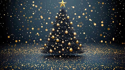 Wall Mural - elegant dark blue christmas tree with golden ornaments. festive holiday season, new year celebration
