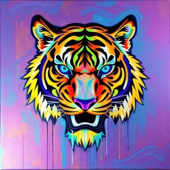  Vibrant tiger portrait with colorful paint drips, set against a vivid purple background. Bold and expressive.