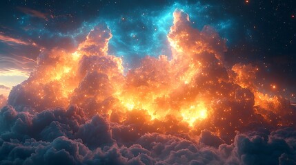Wall Mural - celestial inferno: a breathtaking abstract depiction of fiery clouds and celestial light, symbolizin