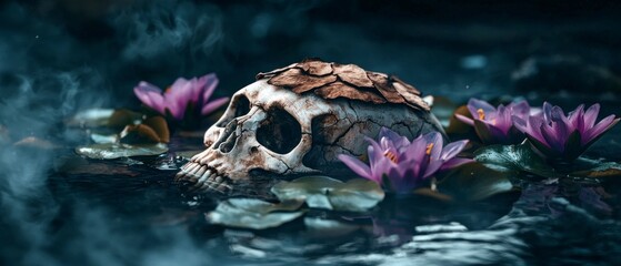 Canvas Print - Dark Moody Still Life Skull Amidst Purple Water Lilies