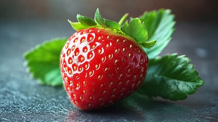 One ripe strawberry fresh green leaves isolated on a white background vibrant color and detail