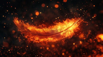 Wall Mural - A fiery feather glows amidst a backdrop of sparks and embers, symbolizing transformation.