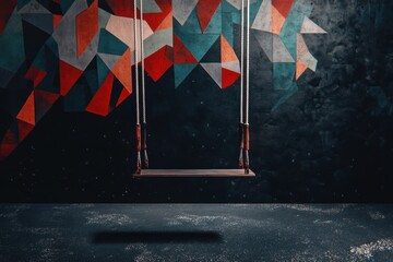 Wall Mural - Suspended wooden swing in front of an abstract geometric wall