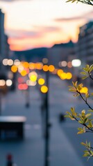 Wall Mural - Evening Cityscape with Blurred Lights and Branch