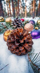 Wall Mural - Festive Christmas Ornaments and Pine Cones in Snowy Forest