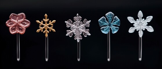 Wall Mural - Five Colorful Snowflake Decorations on Sticks Against Black Background