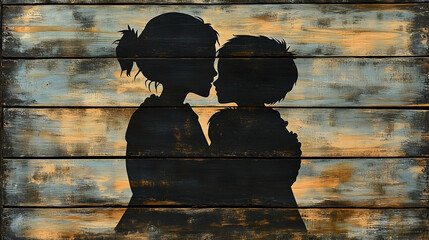 Silhouette of embracing children on rustic wood; family, love, bond; home decor art