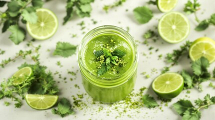 Wall Mural - Refreshing green smoothie with fresh lime and herbs on white background