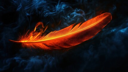 Wall Mural - A glowing orange feather surrounded by smoke, evoking a sense of warmth and mystique.