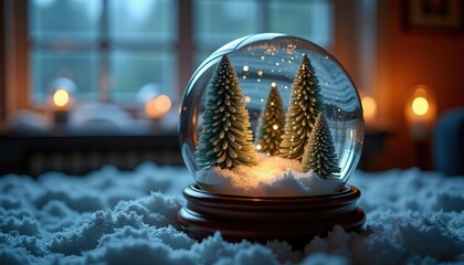 Wall Mural - Enchanting snow globe featuring frosted pine trees and soft glowing lights