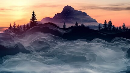 Wall Mural - Majestic Mountain Sunset Landscape with Fog and Trees