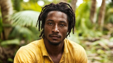 Wall Mural - African American man in yellow shirt amid tropical foliage. Perfect for environmental portrait, natural lifestyle, and cultural diversity content.