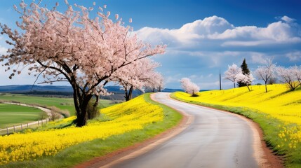 Canvas Print - vibrant spring flowers on road