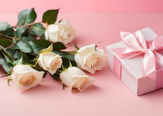 Elegant White Roses and Pink Gift Box on Pink Background Romantic Valentine s Day or Anniversary