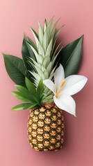 Wall Mural - Pineapple with White Flower and Green Leaves on Pink Background