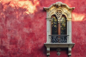 Canvas Print - Ornate window on a red wall with tree shadows