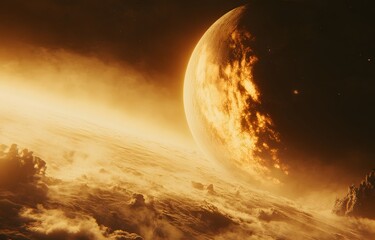 Wall Mural - Golden alien planet, space clouds, sunrise, futuristic landscape