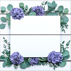 Wall Mural - Purple Hydrangea and Eucalyptus Floral Frame on White Wood Background