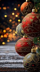 Wall Mural - Red and Gold Christmas Ornaments on Wooden Surface